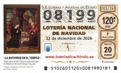Anverso del décimo 08199 de la Lotería de Navidad 2026, de Utebo (Zaragoza)